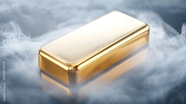 Fototapeta A gleaming gold bar rests on a misty surface, exuding opulence and wealth in a striking visual.