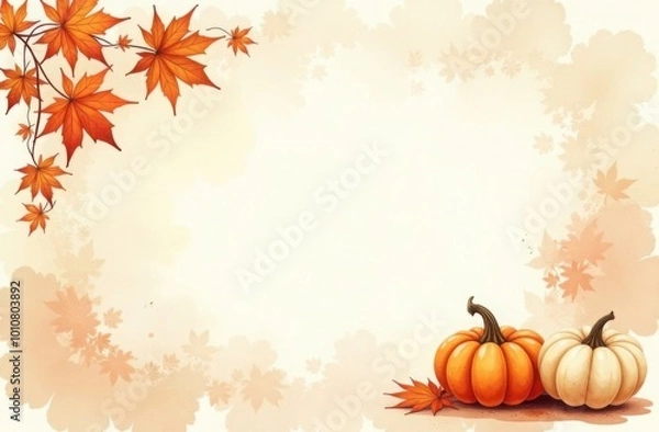 Fototapeta Thanksgiving autumn background, empty frame, banner, artsy, pumpkins and maple leaves