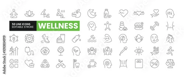 Fototapeta Set of 50 Wellness line icons set. Wellness outline icons with editable stroke collection. Includes Diet, Yoga, Mental Health, Skincare, Work-Life Balance, and More.