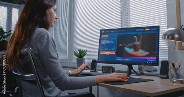 Fototapeta Adult woman enters prompt in artificial intelligence chatbot on personal computer. AI image generator generate detailed high-quality image portrait of ballerina. Advanced AI generated photo creation.