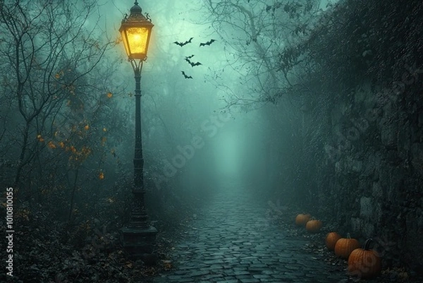 Fototapeta Halloween scene with cobblestone road and lantern in the fog