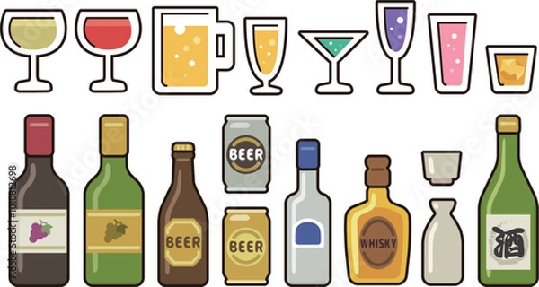 Obraz いろいろな種類のお酒イラストセット