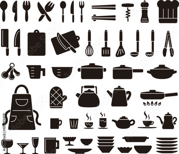 Obraz かわいいキッチンツールのアイコンイラストセット