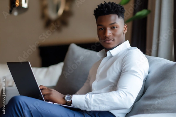Fototapeta African-American man wearing a white shirt and jeans, sitting on a grey sofa and using a laptop indoors. She is looking at the camera and smiling, showcasing a home interior design concept