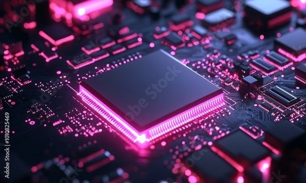 Fototapeta Black computer chips illuminated with pink light