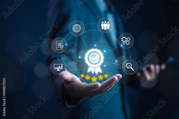 Fototapeta quality control concept. service best certification industrial, service system business certificate standard iso digital technology. quality guarantee process and satisfaction with customers @@
