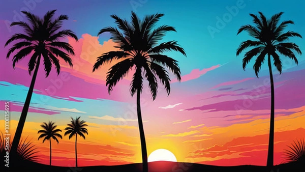Fototapeta sunset with the palms tree on colourful background. Vector illustration 