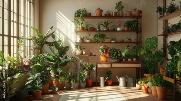 Fototapeta A stylish indoor space filled with lush plants in various flower pots, with care tools like watering cans and plant sprayers nearby, creating a serene household farming environment.