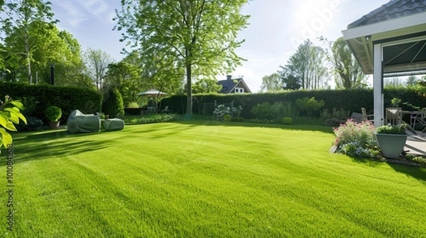 Obraz A neatly trimmed lawn with vibrant green grass, perfect for a summer background