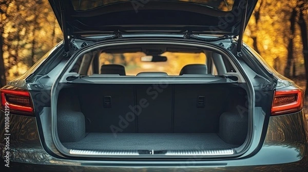 Fototapeta A wide, empty car trunk open to reveal plenty of space, with a clean, modern design, perfect for showcasing practicality and cargo capacity.