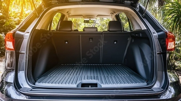 Fototapeta A wide-angle shot of a large car trunk open in an outdoor setting, emphasizing its depth and spaciousness, ideal for travel and cargo promotion.