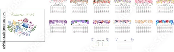 Fototapeta Floral and Leaf Beautiful in pastel, Vintage, Kawaii Style Calendar 2025  Flower Theam Horizontal Design , Week Start on Sunday