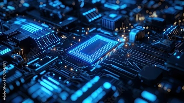 Obraz Abstract 3D rendering of layered geometric shapes and blue glowing circuits, creating a futuristic, tech-inspired background.
