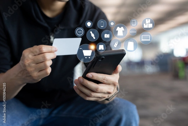 Fototapeta close up customer man using smartphone to choose about item on marketplace online store  website with virtual interface of shopping online (b2b) for people and lifestyle e-commerce technology concept