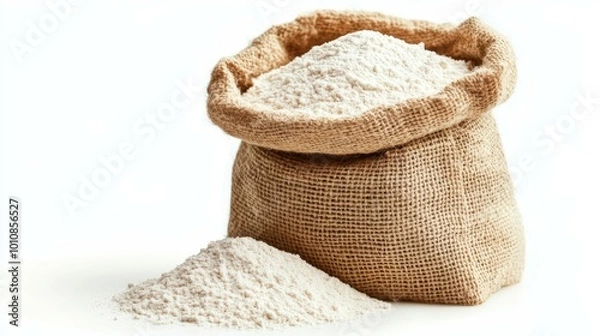 Fototapeta Wheat flour in burlap sack bag isolate on white background