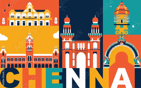 Obraz Chennai culture travel set, Indian famous architectures and specialties in flat design. Business travel and tourism concept clipart. Image for presentation, banner, website, advert, flyer, roadmap