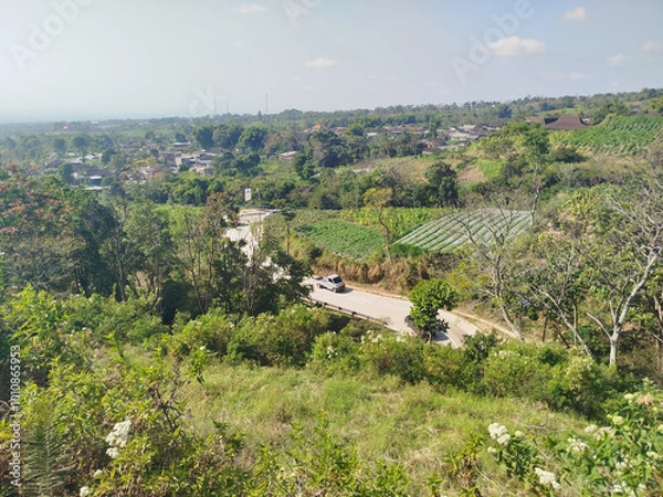 Obraz road with mountain background. rural road in mountain area with many trees which is cool and fresh