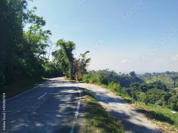Obraz road with mountain background. rural road in mountain area with many trees which is cool and fresh
