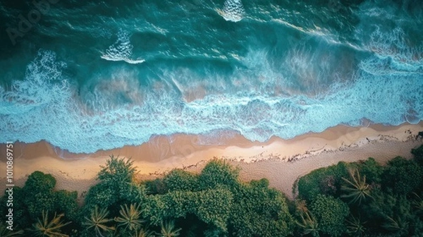 Fototapeta Stunning top-down view of a Vietnam beach with soft ocean waves gently reaching the shore, creating a natural and peaceful summer vibe.