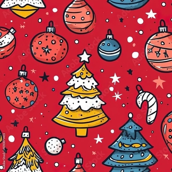 Fototapeta A red background with Christmas tree decorations, including ornaments and stars. 