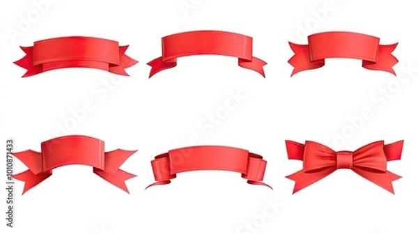 Fototapeta Set of six red ribbon banners with different shapes and sizes, isolated on white background.