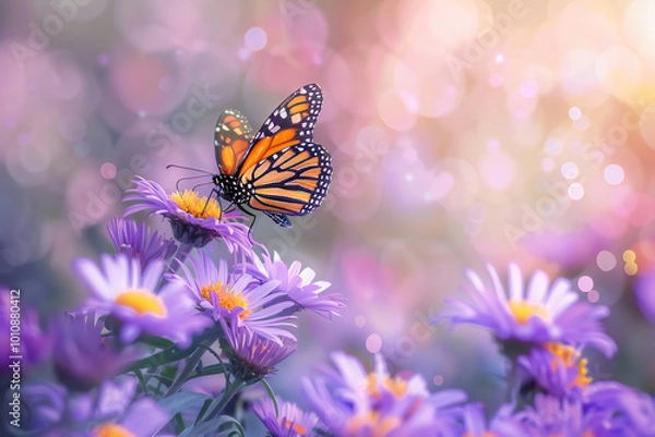 Fototapeta Monarch butterfly resting on vibrant purple flowers in a blooming garden scene






