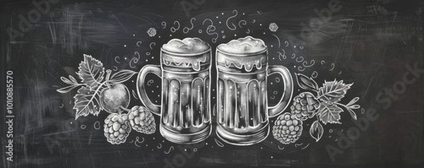 Obraz The image features a chalkboard-style Oktoberfest beer illustration with two frothy beer mugs surrounded by hops and leaves.