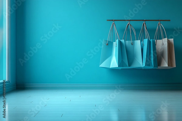 Obraz blue shopping bags hanging in empty room - minimalist interior design concept