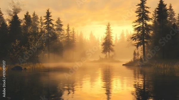 Fototapeta A serene lake surrounded by tall pine trees, reflecting the golden light of sunrise with mist rising from its surface