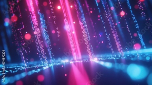 Fototapeta Futuristic Digital Data Stream with Neon Lights