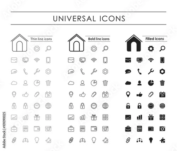 Obraz A set of  universal icons, thin line, bold line, fill