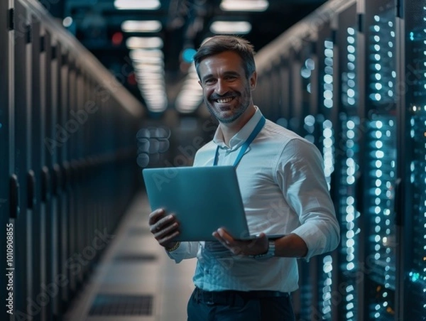 Fototapeta Smiling IT Professional Holding Laptop in Server Room