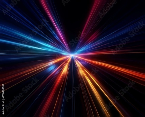 Fototapeta Abstract background with colorful streaks of light converging in the center.