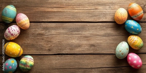 Obraz Vibrant Easter Egg banner set on an aged, rustic wood backdrop.