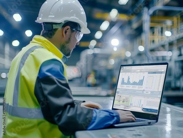 Obraz Industrial Worker Analyzing Data on Laptop