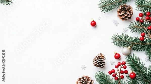 Fototapeta An elegant Christmas frame made of pine branches, vibrant red berries, and textured pine cones, isolated on a white background for a holiday feel.