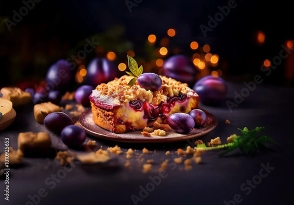 Fototapeta A slice of plum cake with a crumb topping sits on a plate surrounded by fresh plums.