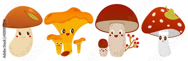 Fototapeta Cute cartoon mushroom family growing in the autumn forest. Seasonal mushroom products, edible and poisonous plants. Set of flat vector illustrations. Mushrooms on a white background