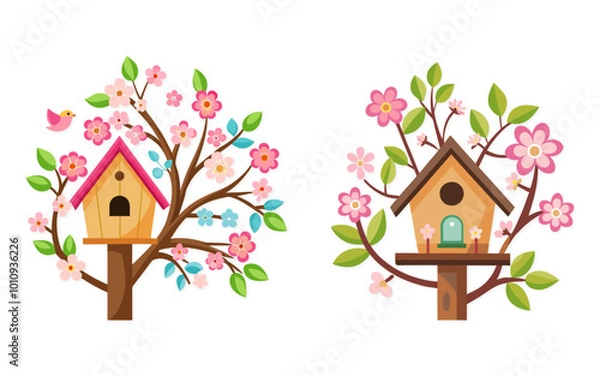 Fototapeta Flat Birdhouse On Tree Branch Collection