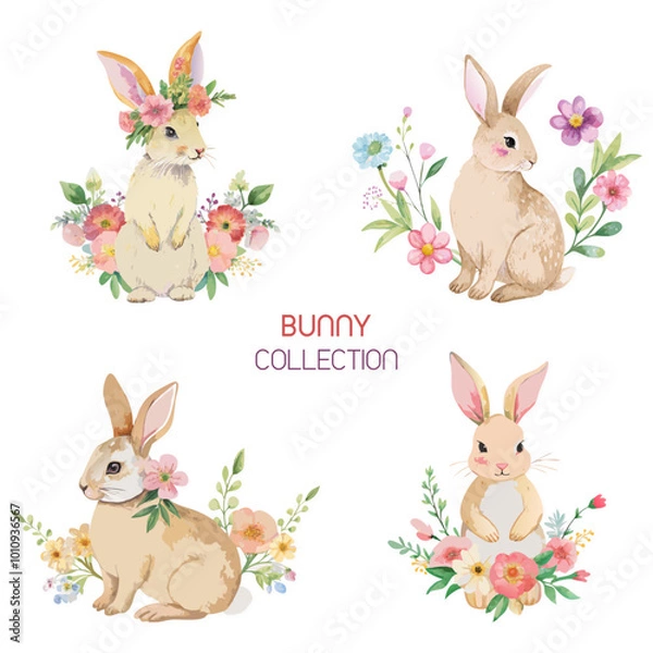 Fototapeta Set Of Bunny Rabbit With Flower Vector Illustration