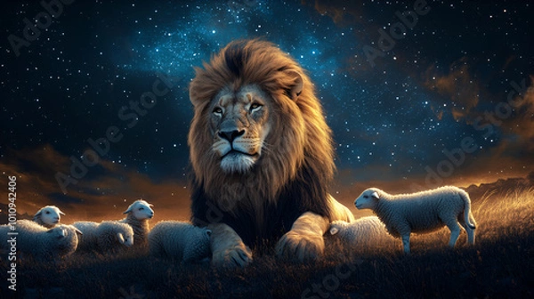 Obraz This image shows a powerful lion sitting protectively among a group of sheep under a stunning starry night sky ,The image may symbolize leadership, protection of the vulnerable