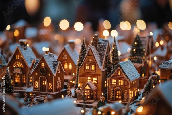 Obraz Miniature Christmas village is glowing in the dark with snow-covered houses and a blurred background. New Year and Christmas banner
