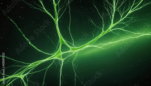 Fototapeta Abstract brain connections, neural connections, artificial intelligence glow aurora art, biology visualized in green