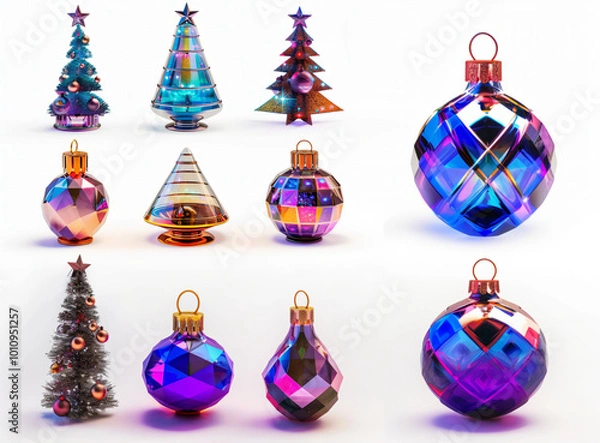 Obraz Futuristic Iridescent Christmas Trees and Ornaments