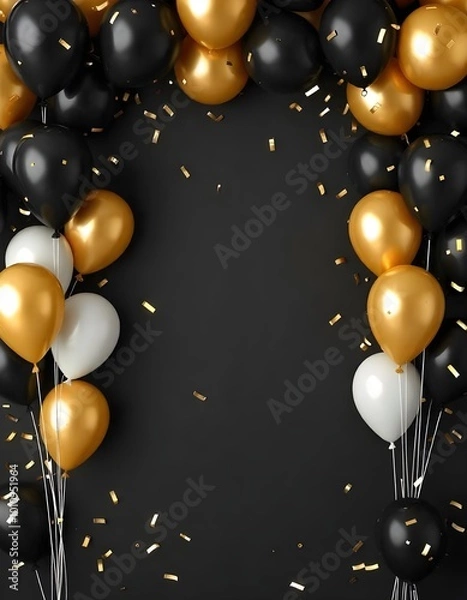 Fototapeta black and golden balloons and confetti background with copy space for festive gender reveal party or baby shower backdrop