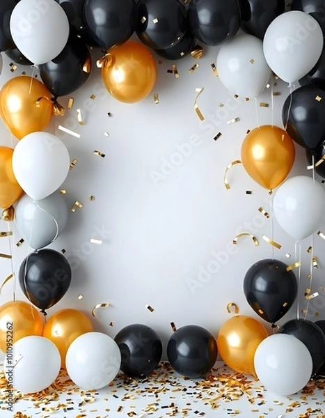 Fototapeta black and golden balloons and confetti background with copy space for festive gender reveal party or baby shower backdrop