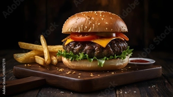 Fototapeta Delicious hamburger showcasing a succulent beef patty, this classic cheeseburger fast food option is topped with crunchy lettuce, fresh tomatoes, and zesty pickles