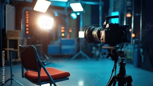 Fototapeta Broadcasting studio with an empty chair under a spotlight, featuring advanced production equipment and modern media technology.