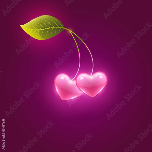 Fototapeta pink hearts and cherry leaf, vector