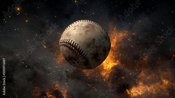 Obraz Baseball soaring through a cosmic explosion